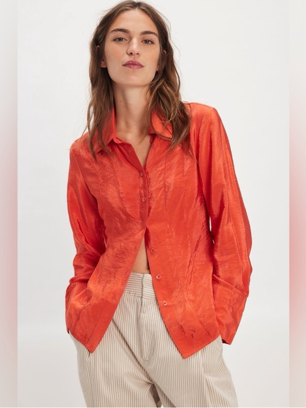 Free People Something Silky Button Up Shirt In Cherry Tomato Red NWT
